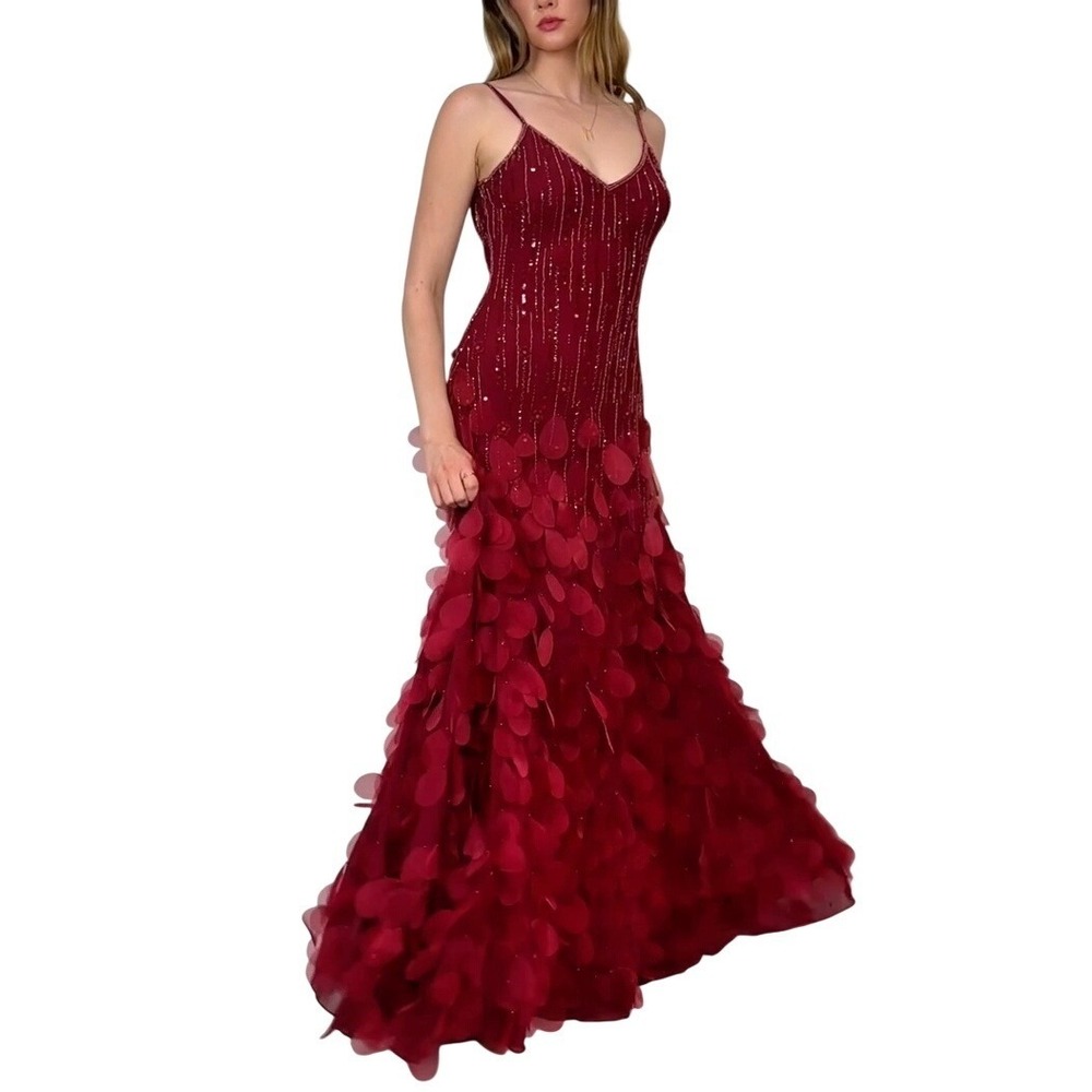 RARE Sue Wong Nocturne Red Gown 6 Red Beaded Petal Silk Dress Y2k 2000s Maxi - Picture 3 of 10
